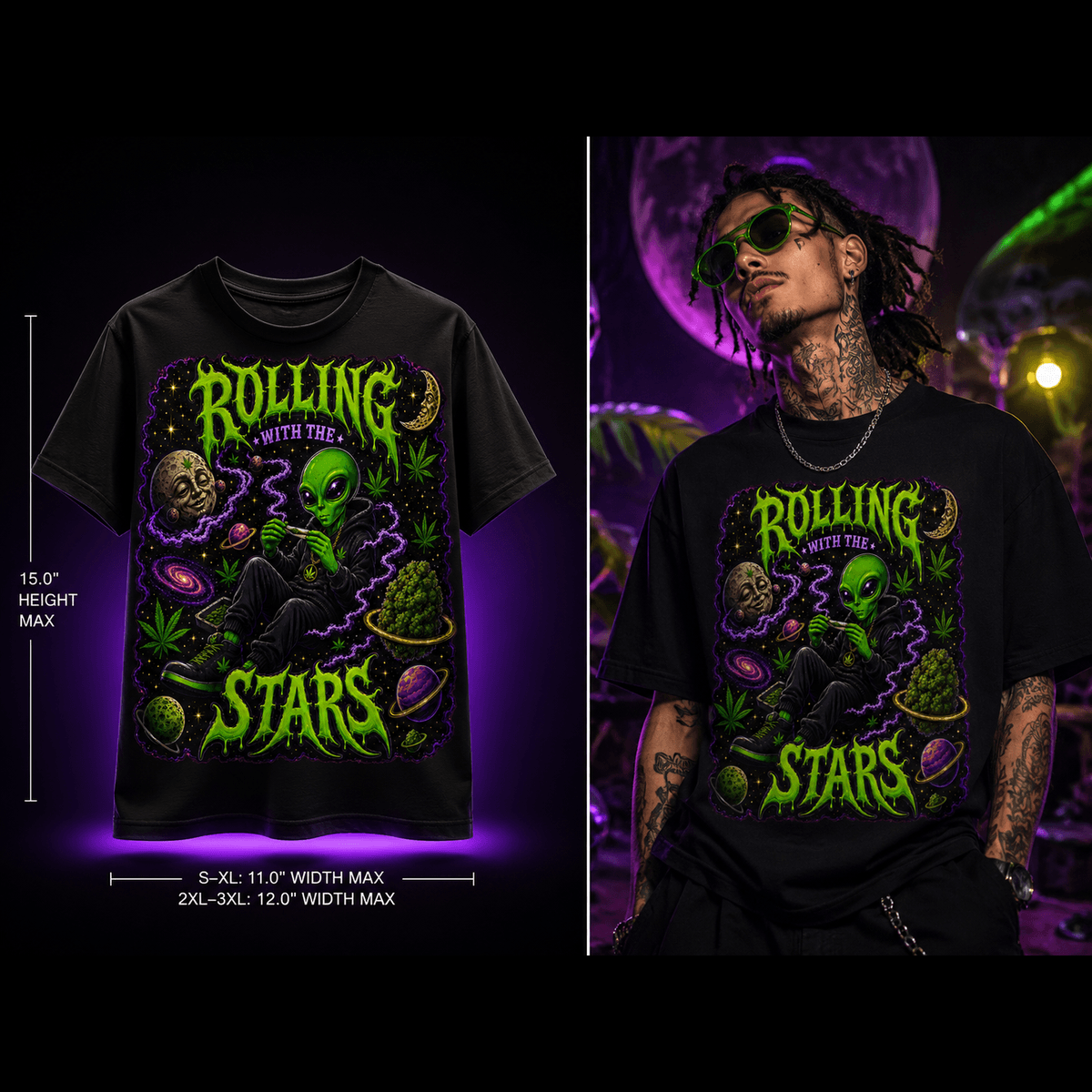 Rolling With the Stars – Premium Cannabis Alien Graphic Tee