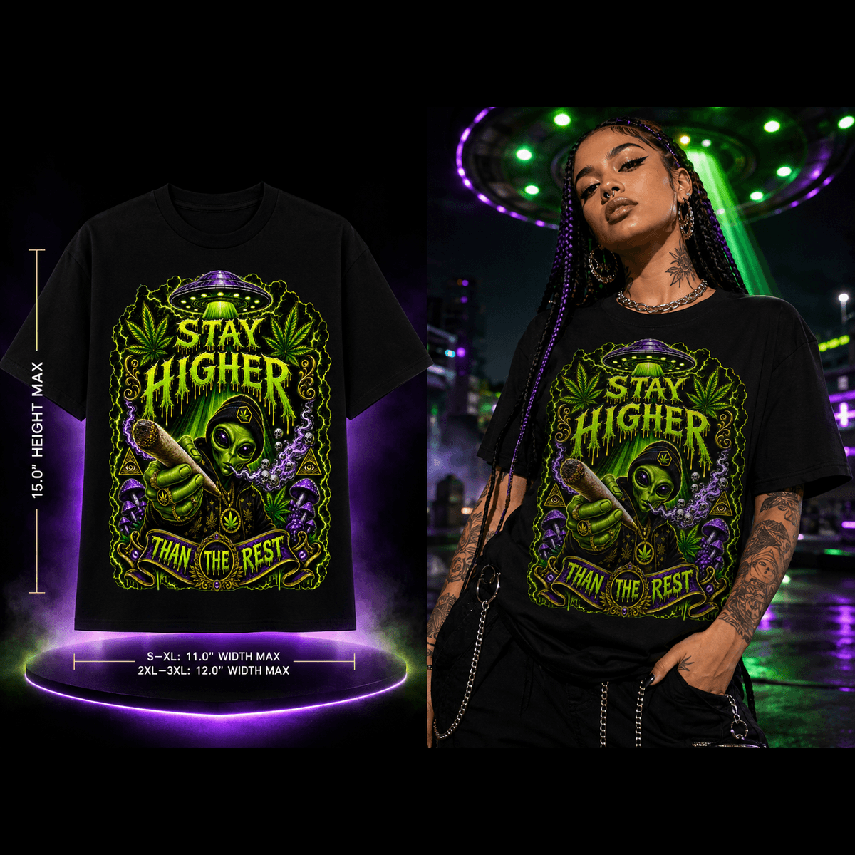 Stay Higher Than the Rest – Premium Cannabis Alien Graphic Tee