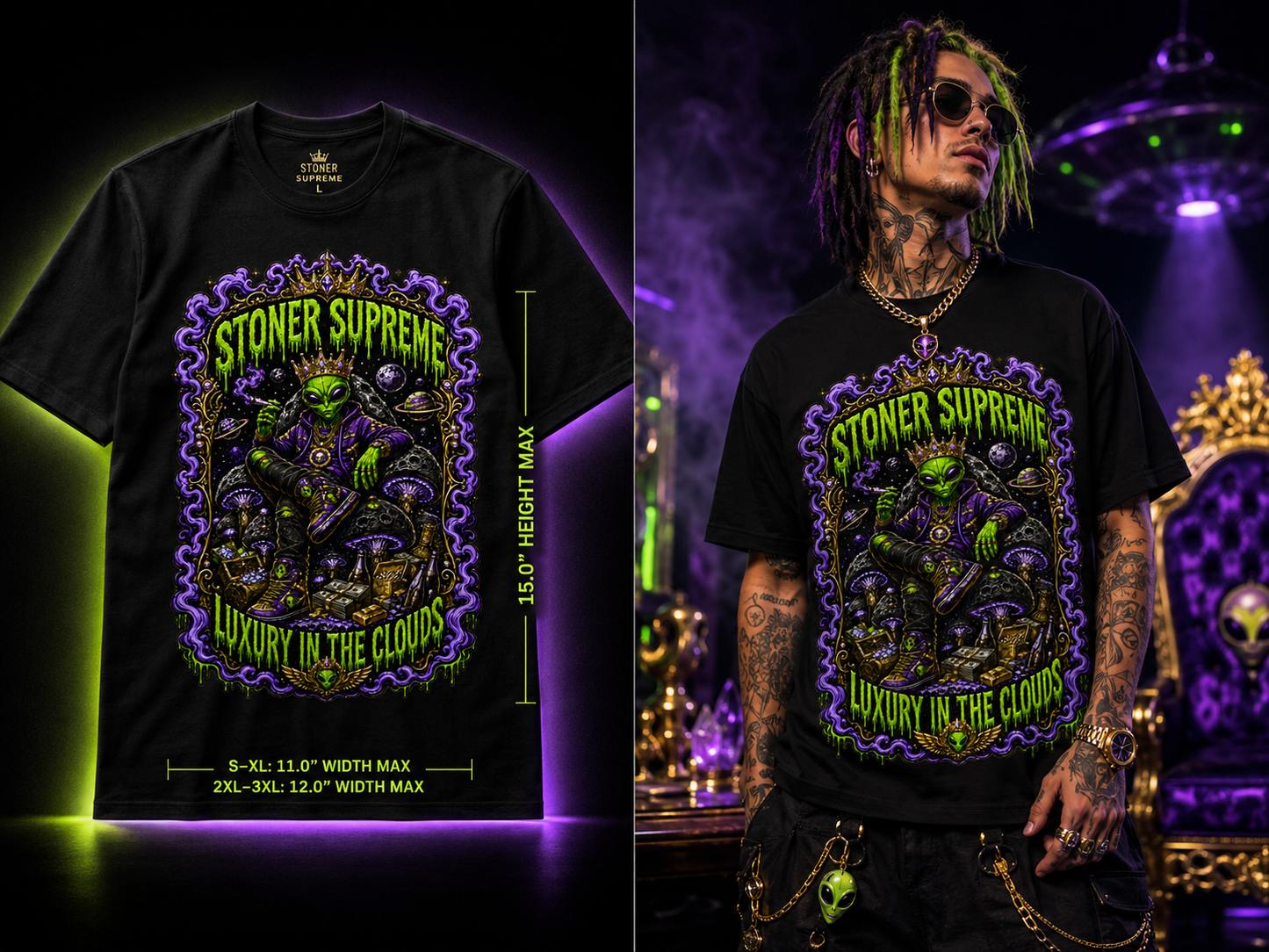 Stoner Supreme – Luxury in the Clouds Cannabis Alien Graphic Tee