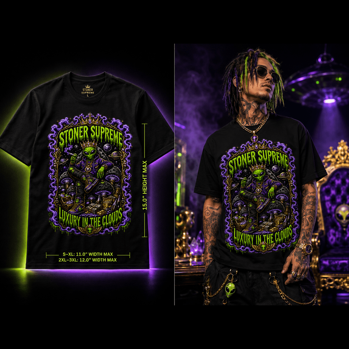 Stoner Supreme – Luxury in the Clouds Cannabis Alien Graphic Tee