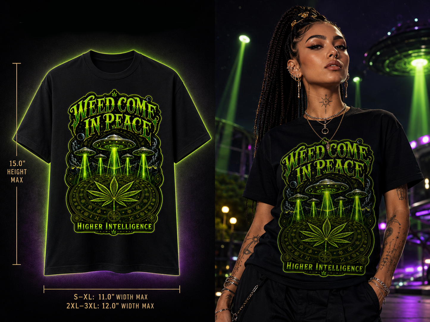 Weed Come in Peace – Higher Intelligence Cannabis UFO Graphic Tee