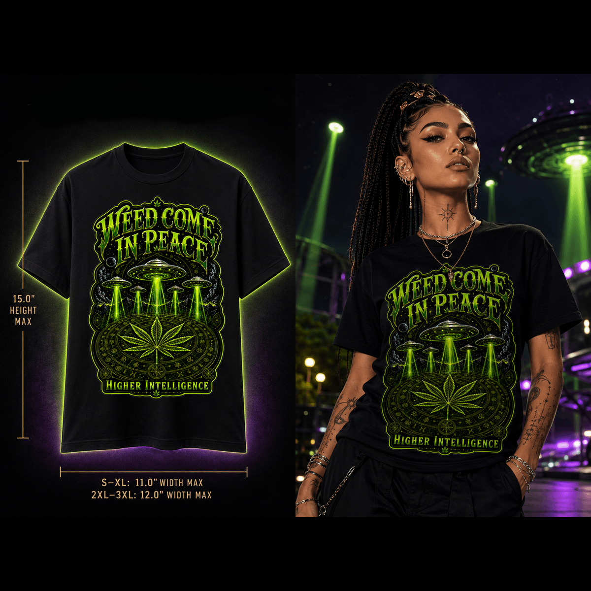 Weed Come in Peace – Higher Intelligence Cannabis UFO Graphic Tee