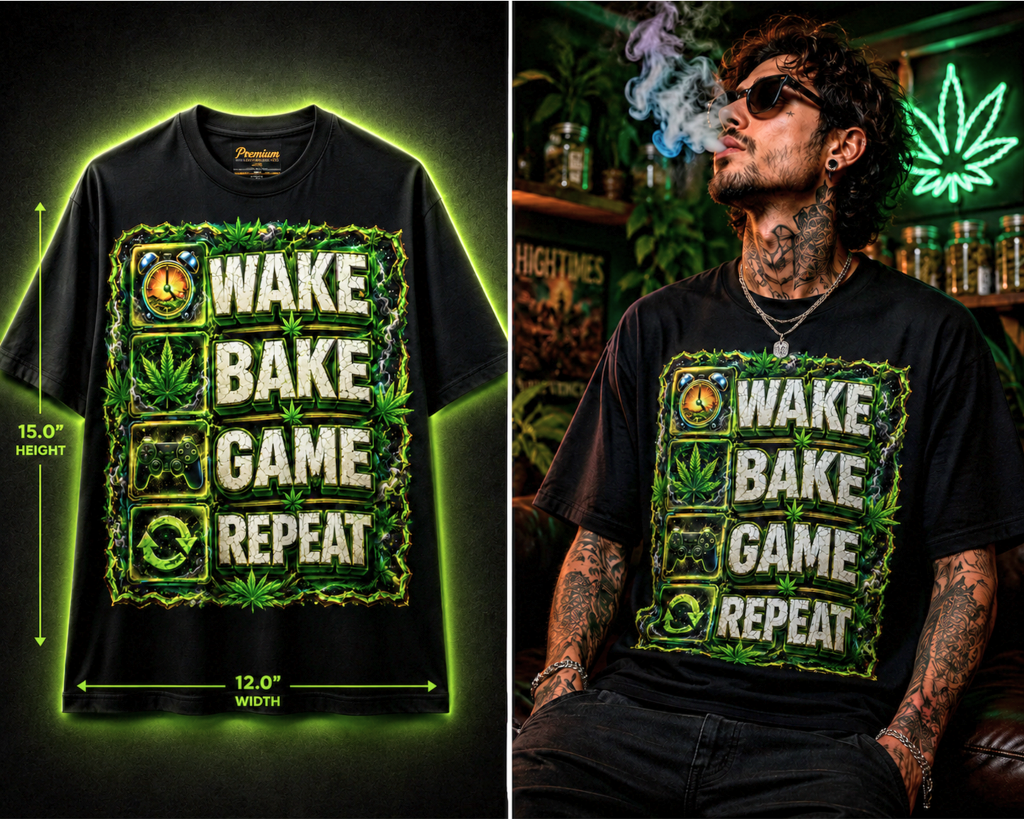 Wake • Bake • Game • Repeat – Premium Cannabis Gamer Graphic Tee