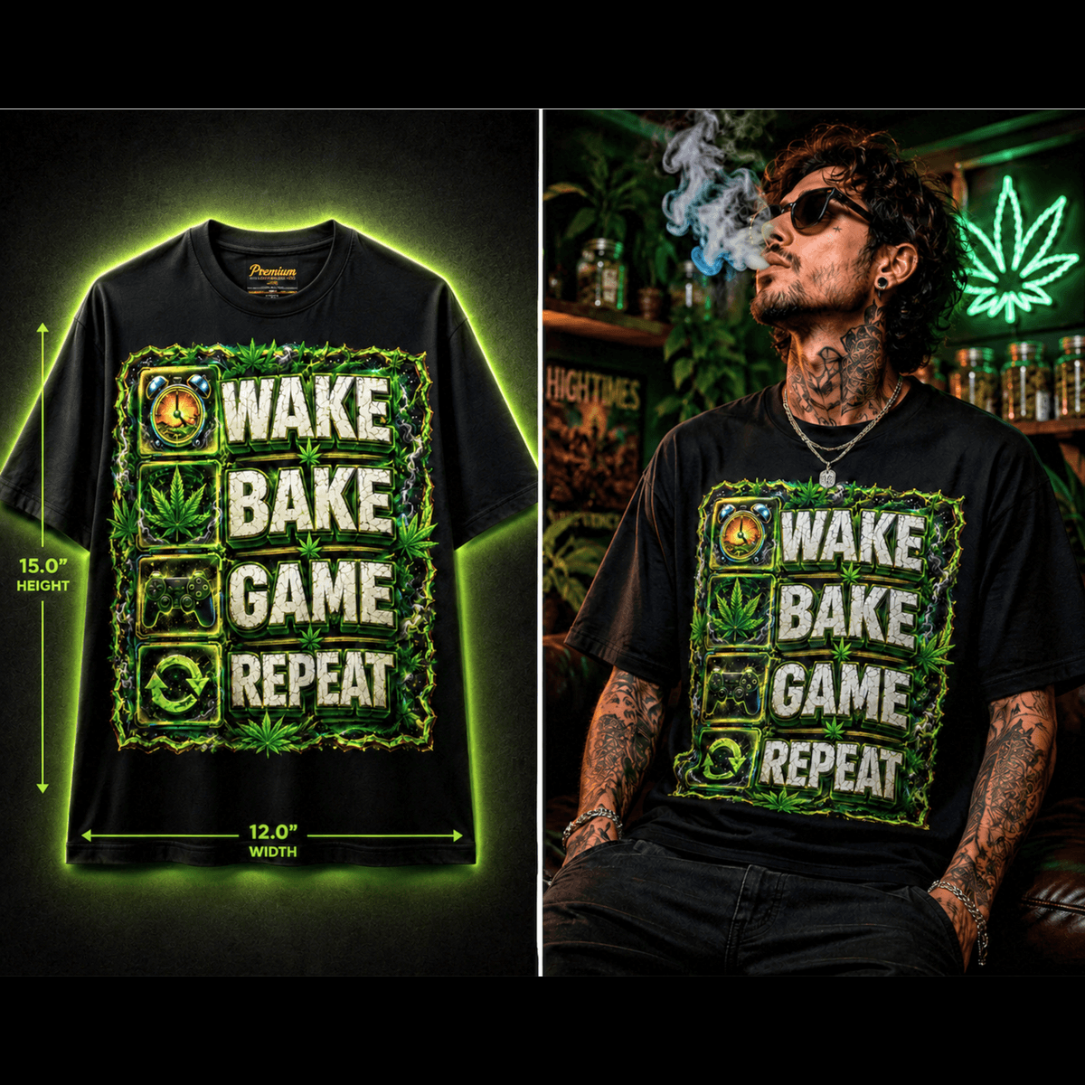 Wake • Bake • Game • Repeat – Premium Cannabis Gamer Graphic Tee