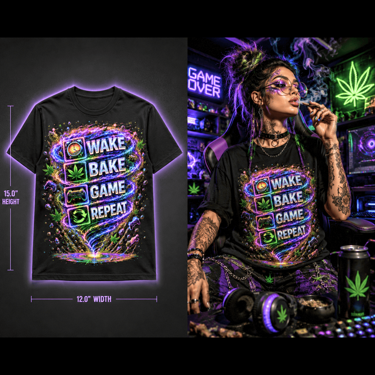 Wake • Bake • Game • Repeat – Premium Cannabis Gamer Graphic Tee