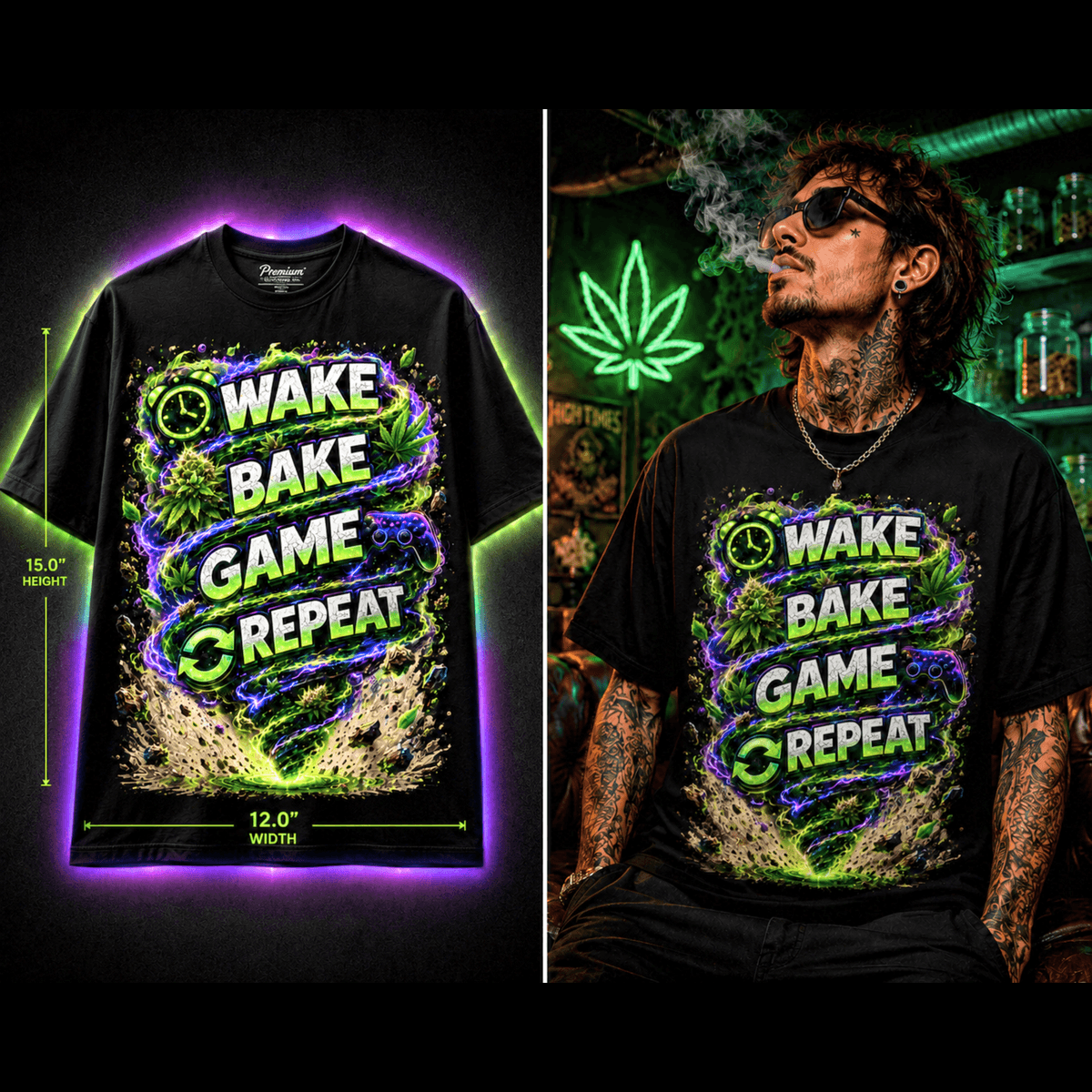 Wake • Bake • Game • Repeat – Premium Cannabis Gamer Graphic Tee