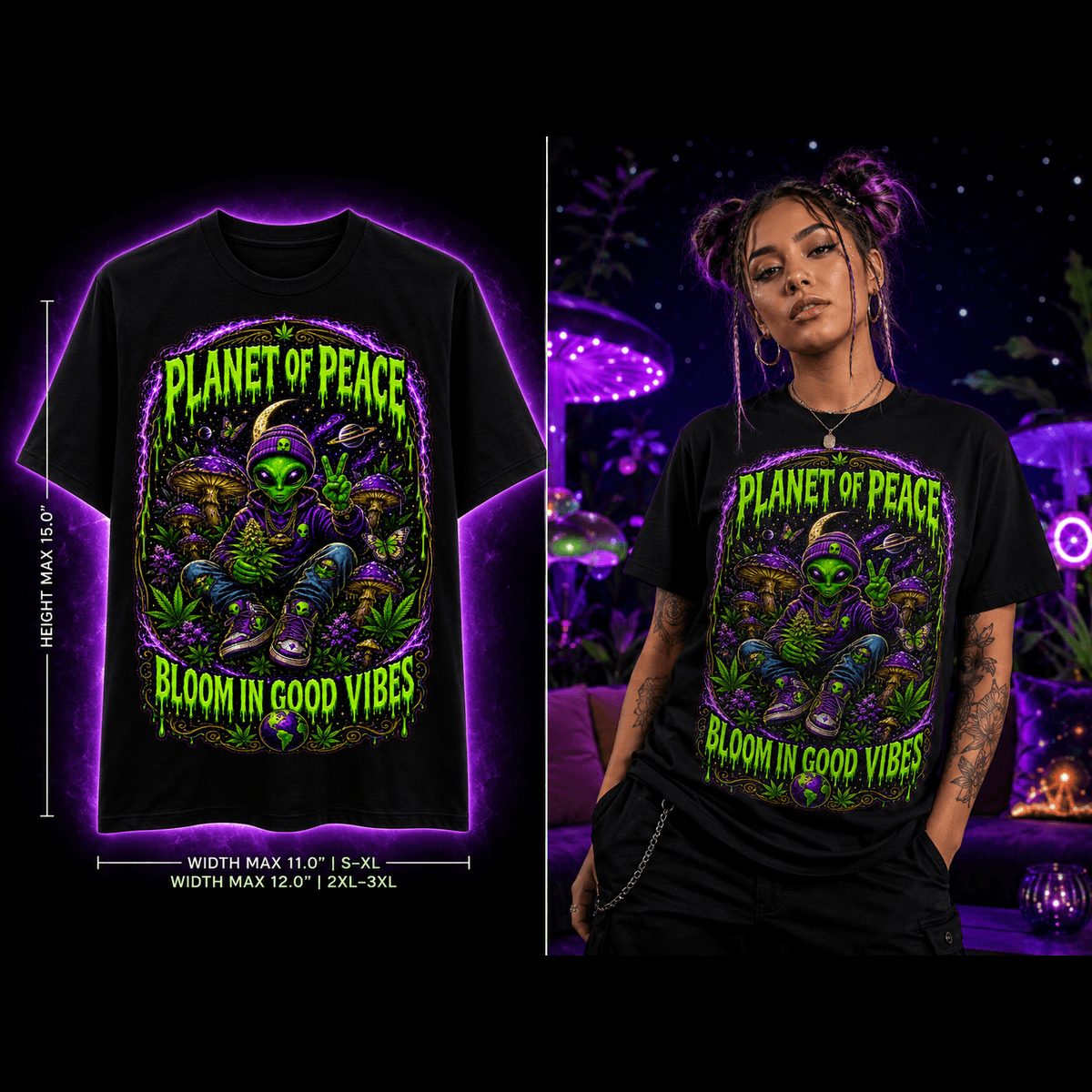 Planet of Peace – Bloom in Good Vibes Cannabis Graphic Tee