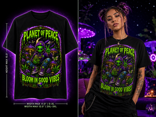 Planet of Peace – Bloom in Good Vibes Cannabis Graphic Tee