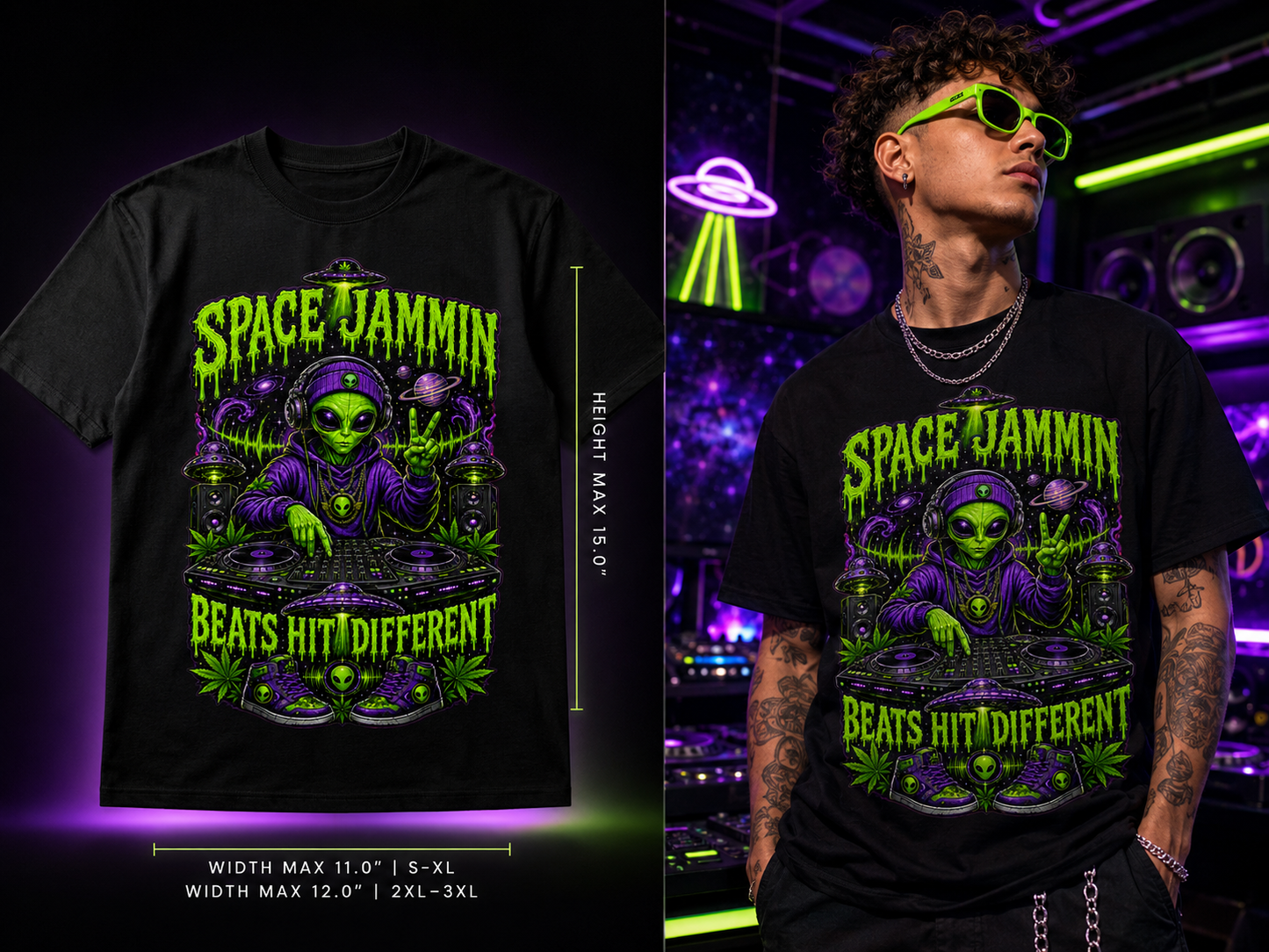Space Jammin – Beats Hit Different Cannabis Graphic Tee