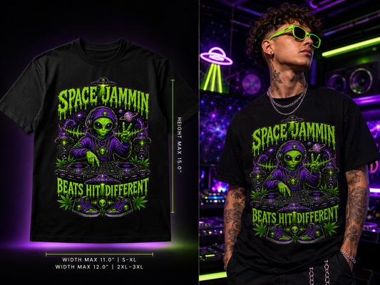 Space Jammin – Beats Hit Different Cannabis Graphic Tee