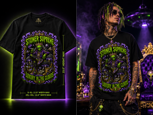 Stoner Supreme – Luxury in the Clouds Cannabis Alien Graphic Tee
