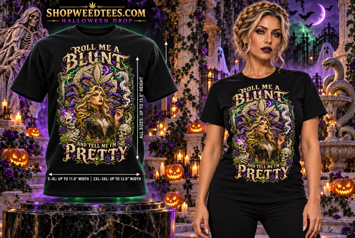 Roll Me a Blunt: Medusa’s Charm | Halloween Stoner T-Shirt