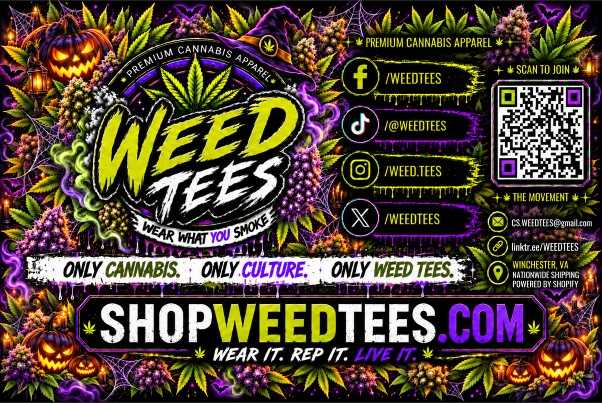 ShopWeedTees Halloween contact banner with social media profiles and a QR code. Social links: linktr.ee/WEEDTEES. Email: CS.WEEDTEES@gmail.com. Winchester, Virginia.