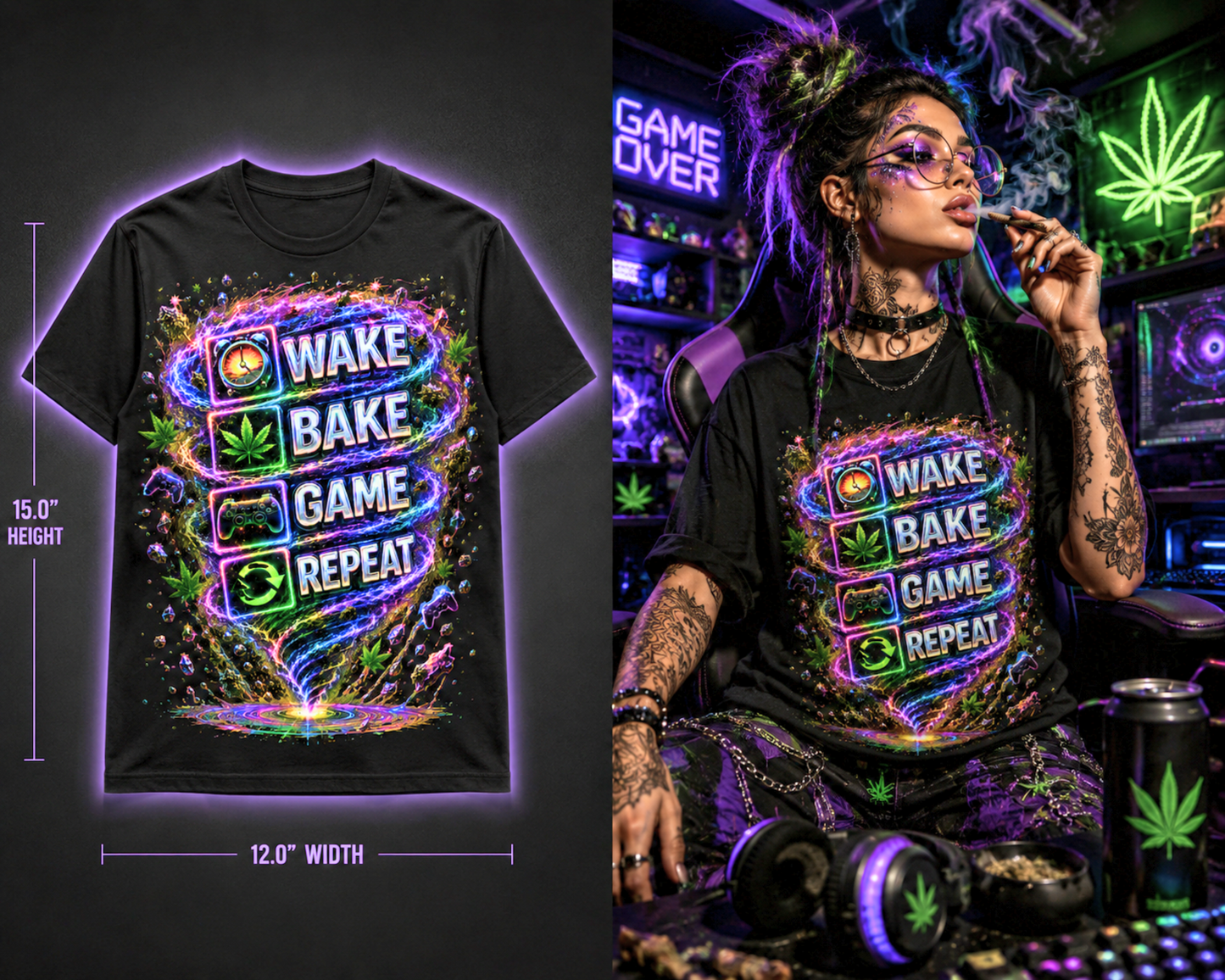 Wake • Bake • Game • Repeat – Premium Cannabis Gamer Graphic Tee