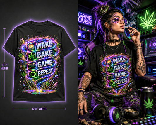 Wake • Bake • Game • Repeat – Premium Cannabis Gamer Graphic Tee