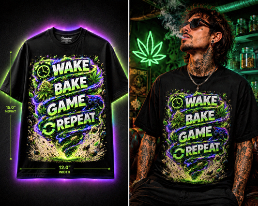 Wake • Bake • Game • Repeat – Premium Cannabis Gamer Graphic Tee