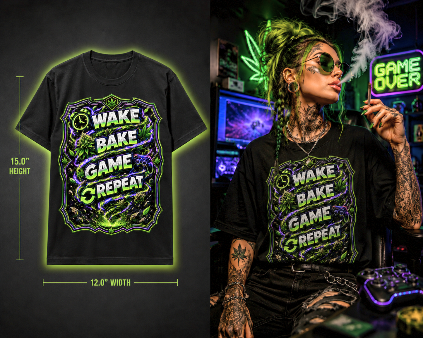 Wake • Bake • Game • Repeat – Premium Cannabis Gamer Graphic Tee